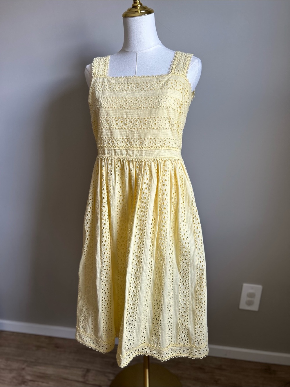Cotton Sundress summer Eyelet Midi Dress Pale butter Yellow market garden party
